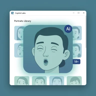 Copilot Labs portrait library UI showing a large cartoon face and multiple avatar thumbnails.
