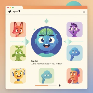 Colorful Copilot AI interface with a central brain avatar surrounded by friendly character icons.