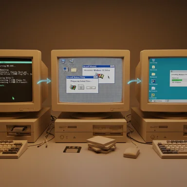 Three vintage computers display Windows 95 setup on a desk.