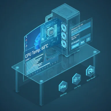 A futuristic transparent PC with a holographic display showing CPU temperature and system stats.