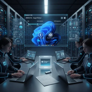 Futuristic data center with uniformed staff around laptops and a large holographic display.