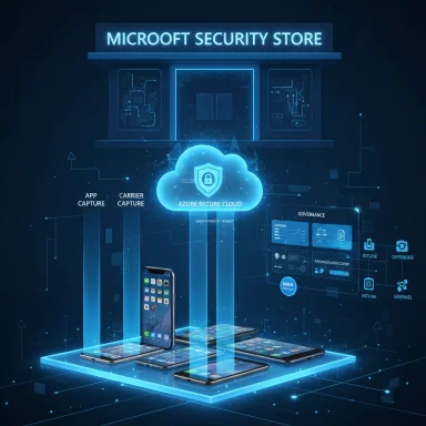 Blue holographic storefront showing Azure Secure Cloud protecting smartphones.