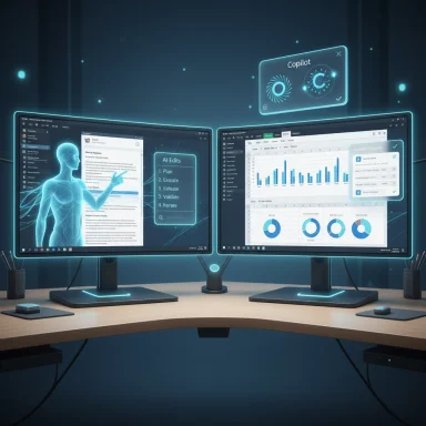 Futuristic desk with dual curved monitors and holographic AI dashboards.