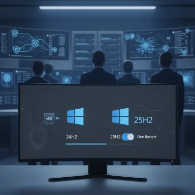Futuristic control room with analysts and holographic dashboards; foreground monitor displays Windows 25H2 upgrade.