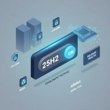 Futuristic infographic featuring a 25H2 ON toggle amid DRM, chips, and security icons.