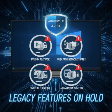 Windows 11 25H2 marks legacy features on hold, with warning icons on old media and sharing options.