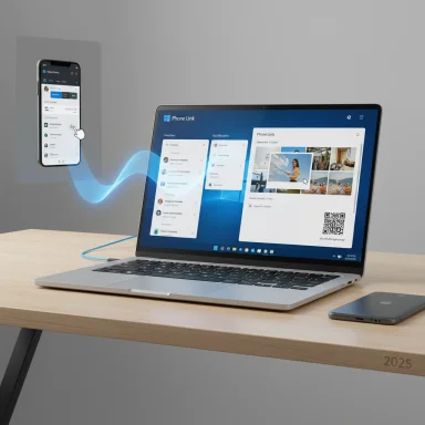 Laptop on a desk connects wirelessly to a smartphone via Phone Link.