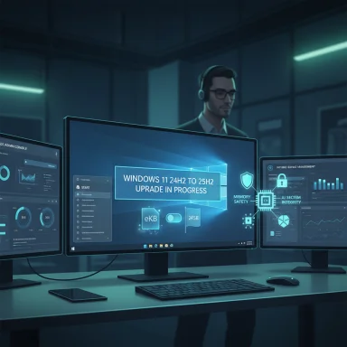 Futuristic workstation with a man wearing headphones monitoring a Windows 11 upgrade across multiple screens.