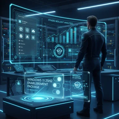 A futuristic analyst reviews holographic dashboards displaying staged rollout analytics.