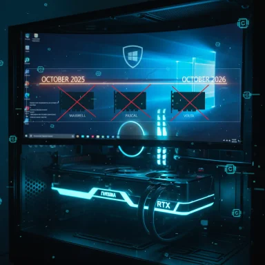 Neon-lit PC with Windows desktop and a timeline showing crossed-out GPUs: Maxwell, Pascal, Volta.