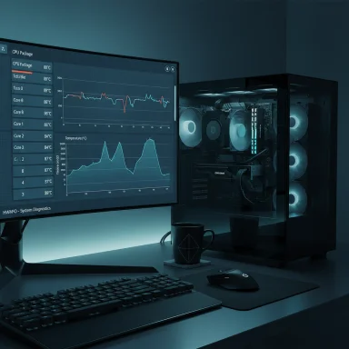 Blue-lit workstation featuring a diagnostic monitor showing CPU temps beside a transparent PC tower.