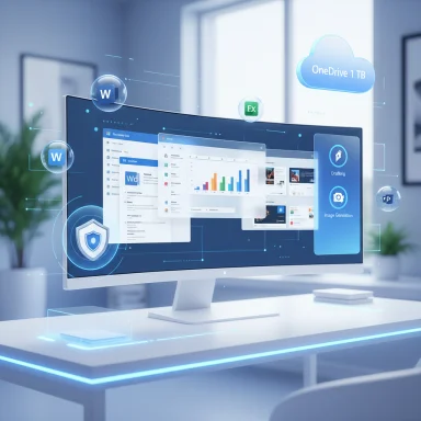 A sleek desktop monitor showing cloud storage and productivity apps with holographic UI elements.