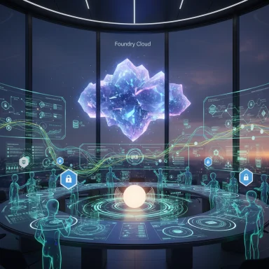 A futuristic command center with holographic displays, a glowing central orb, and a Foundry Cloud screen.