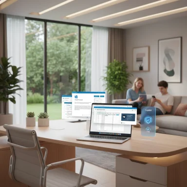 Modern home office with a laptop and floating screens on a wooden desk; two people on a sofa in the background.
