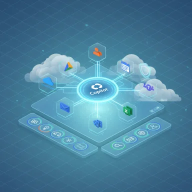 A futuristic Copilot hub connects cloud apps and productivity tools.