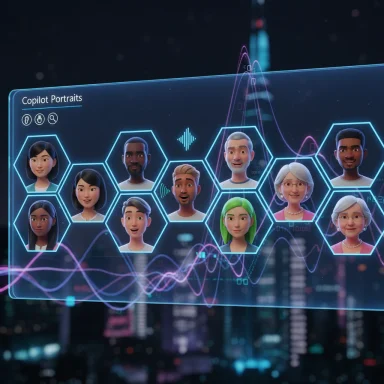 Diverse digital avatars shown as Copilot Portraits on a neon hex-grid interface.