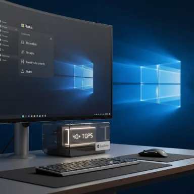 Windows desktop setup with a curved monitor, a glass-front digital display labeled Copilot+, keyboard and mouse.