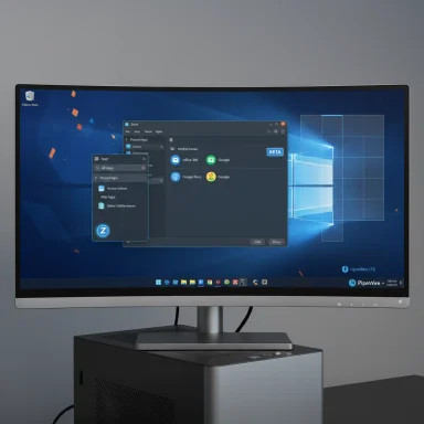 Large desktop monitor on a silver stand displaying a Windows desktop with open app windows.