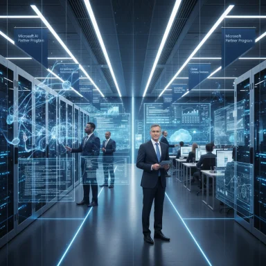 A futuristic data center with professionals using holographic data displays.