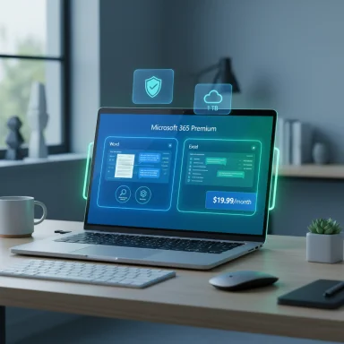 Laptop on a desk shows holographic UI for Microsoft 365 Premium with shield and 1 TB cloud.
