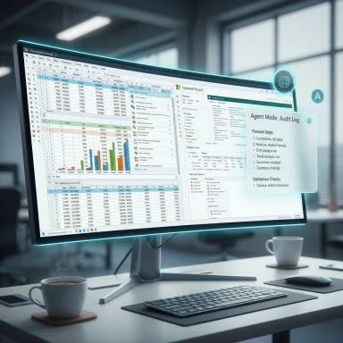 A curved computer monitor displays data dashboards with a floating audit-log panel in a modern office.