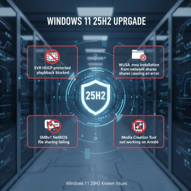 Windows 11 25H2 Known Issues infographic listing four upgrade blockers.