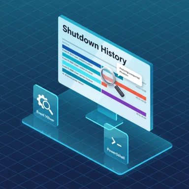 Isometric dashboard showing shutdown history with Event Viewer and PowerShell tools.
