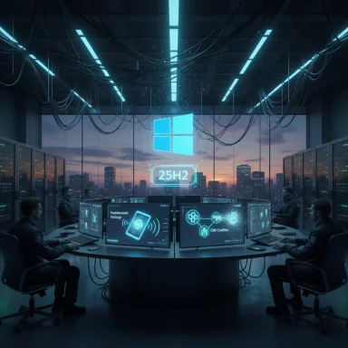 Futuristic data center: operators sit around a circular console as holographic Windows 25H2 glows above.