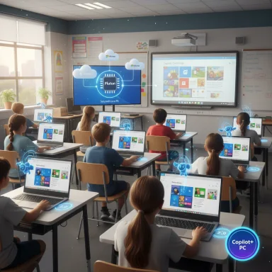 Modern classroom with students using laptops and AI cloud visuals around a central Pluton chip display.