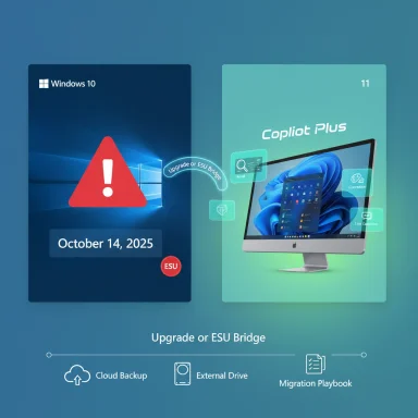 Two software cards on a blue gradient showing a Windows 10 alert and Copilot Plus upgrade.