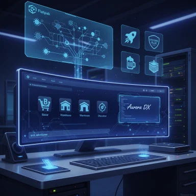 Futuristic desk with holographic blue dashboards and a curved monitor showing apps.