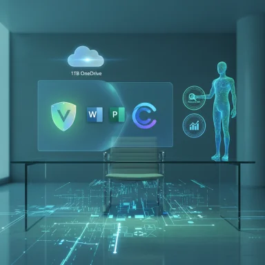 Futuristic office with a holographic cloud storage display, app icons, and a glowing digital human beside a glass table.