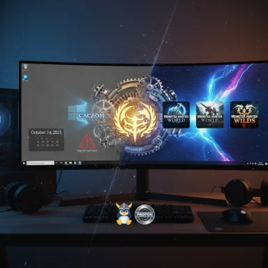 Curved monitor displays a gaming desktop with Monster Hunter World icons, plus a penguin and Proton sticker.