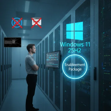 A man in a data center views the Windows 11 25H2 Enablement Package interface.