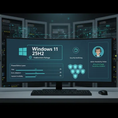 Server-room dashboard shows Windows 11 25H2 rollout and security status.