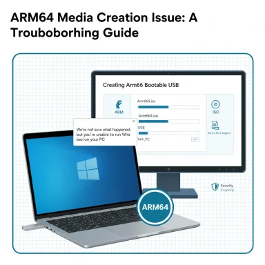 Guide cover for ARM64 Media Creation Issue showing a Windows PC and monitor creating a bootable ARM64 USB. Guide cover for ARM64 Media Creation Issue showing a Windows PC and monitor creating a bootable ARM64 USB.