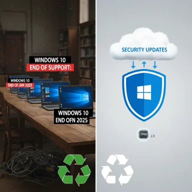 Split image: left shows Windows 10 end-of-support signs on laptops; right shows security updates with a shield.