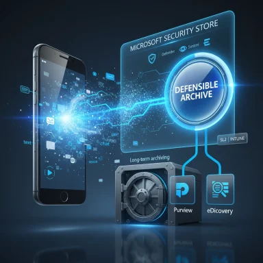 A futuristic blue holographic vault connects a smartphone to secure data archiving and eDiscovery.