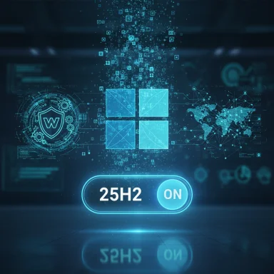 Futuristic digital interface with a glowing Windows logo, world map, shield, and a 25H2 ON toggle.