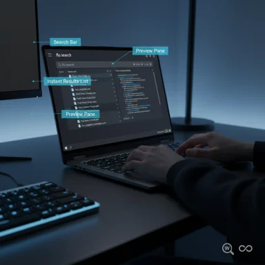 Person typing on a laptop with a dark search interface showing instant results and a preview pane.