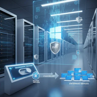 A futuristic data center with holographic UI showcasing staged software rollout to enterprise devices.