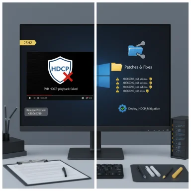 Dual-monitor desk setup with an HDCP error on the left and patches & fixes shown on the right.