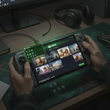 A person plays on a handheld Xbox console, browsing the game library with a headset nearby.