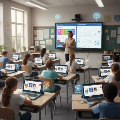 A teacher leads a high-tech classroom where students use laptops with glowing AI icons.