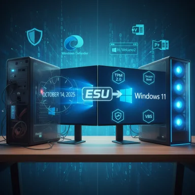 Futuristic dual-monitor PC setup displaying Windows 11 with security icons and blue glow.