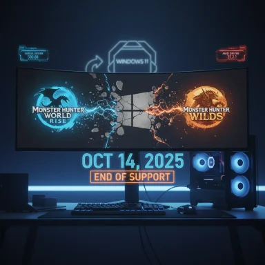 Curved monitor shows Monster Hunter World: Rise vs. Wilds with Windows 11 glow and neon 'End of Support' date.