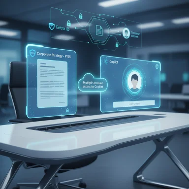 Futuristic desk with holographic UI panels showing Copilot access and corporate strategy.