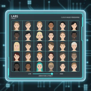 Futuristic UI panel with a grid of diverse avatars for cloud-based rendering and a latency slider.