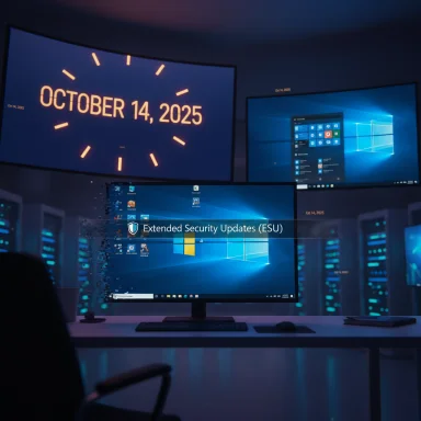 Futuristic data-center workspace with multiple screens, displaying October 14, 2025 and an ESU update.