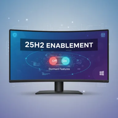Curved monitor displays “25H2 Enablement” with an On/Off toggle and dormant features.